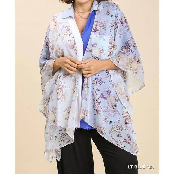 NEW UMGEE sheer mixed print kimono with side slit in light blue - Picture 1 of 5